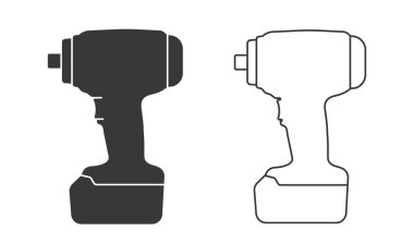 Kablosuz çarpma anahtarı sürücü simgesi şekli. Pilli tornavida matkap logosu. Düzelt, düzelt, düzelt. Vektör çizimi. Beyaz arkaplanda izole.