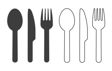 Çatal, kaşık, bıçak ikonu şekilli sembol. Masa gereçleri. Restoran ikonu logosu. Çatal bıçak seti. Vektör çizimi. Beyaz arkaplanda izole.