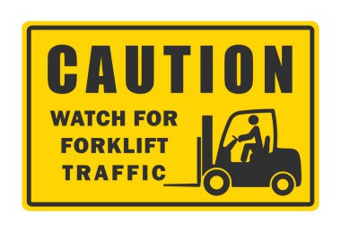 Dikkat, forklift trafik işaretlerine dikkat edin. Lojistik uyarı forklift logo simgesi. Güvenlik boşaltımı, kargo ve kutular. Depo makinesi. Vektör çizimi. Beyaz arkaplanda izole.