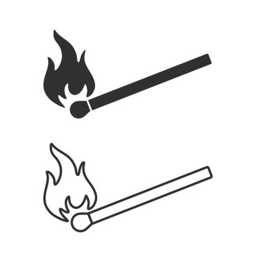 Ateş ikonu sembolüyle kibrit yakmak. Çizgi sanatı. Kibrit çöpü logosu işareti. Yanabilir, yanabilir, alev alabilir. Vektör çizimi. Beyaz arkaplanda izole.