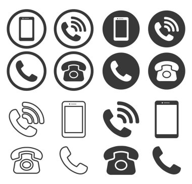Telefon bağlantısı simgesi seti. Eski telefon logosu şekil koleksiyonu. 24 saat hizmet. Vektör çizimi. Beyaz arkaplanda izole.