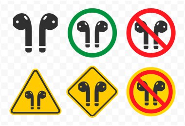 No Wireless earphones icon symbol. Bluetooth ear pods not allowed logo sign. Cordless earbuds ban prohibition forbidden. Vector illustration. Isolated on white background. clipart