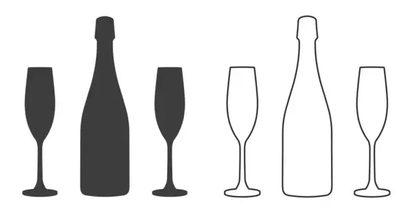 Şampanya şişesi ve bardak silueti. Cam şarap şişesi sembolü. Alkol paketi amblemi. Vektör çizimi. Beyaz arkaplanda izole