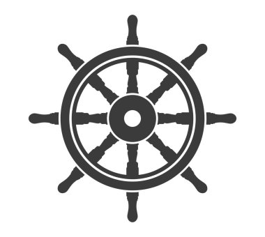 Dümen simgesi şekli. Gemi dümen amblemi. vapur direksiyon silueti. Vektör çizimi. Beyaz arkaplanda izole.