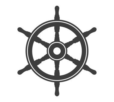 Dümen simgesi şekli. Gemi dümen amblemi. vapur direksiyon silueti. Vektör çizimi. Beyaz arkaplanda izole.