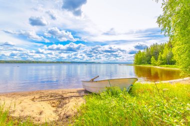 Finlandiya 'dan mavi gökyüzü ile güneşli yaz gölü manzarası.
