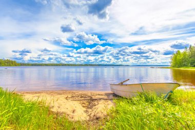 Finlandiya 'dan mavi gökyüzü ile güneşli yaz gölü manzarası.