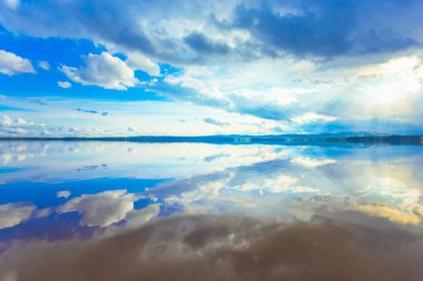 Finlandiya 'dan mavi gökyüzü ile güneşli yaz gölü manzarası.