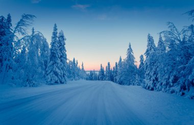 Soğuk kış günbatımı manzarası. Fotoğraf: Sotkamo, Finlandiya. Arkaplan Yoğun kar manzarası.