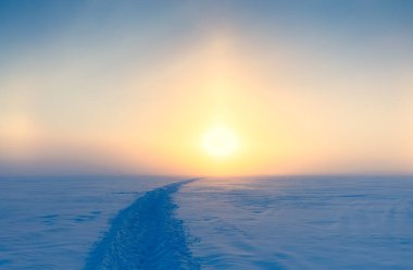 Soğuk kış günbatımı manzarası. Fotoğraf: Sotkamo, Finlandiya. Arkaplan Yoğun kar manzarası.