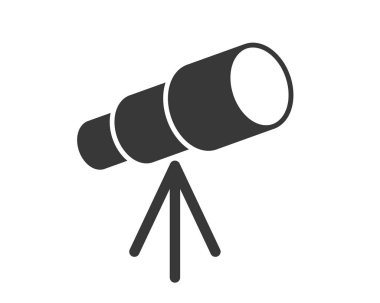Tripod vektör simgesi şeklindeki teleskop. Uzay gözlemi Spyglass. Astronomi sembolü, logo işareti. Vektör çizimi. Beyaz arkaplanda izole.