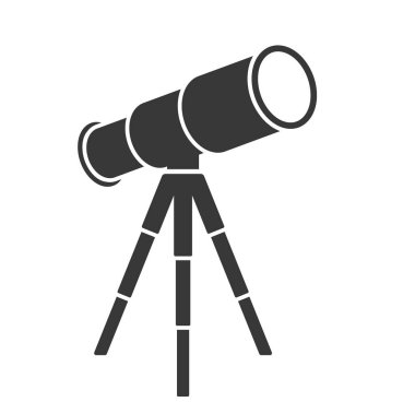 Tripod vektör simgesi şeklindeki teleskop. Uzay gözlemi Spyglass. Astronomi sembolü, logo işareti. Vektör çizimi. Beyaz arkaplanda izole.