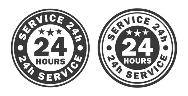 24 7 Service open 24 h hours a day and 7 days a week circle stamp icon. Shop support logo symbol sign button. Vector illustration image. Isolated on white background.