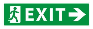 Acil çıkış işareti simgesi. Yeşil yangın çıkış işareti logosu. Koşan adam ve çıkış kapısı işareti. Vektör çizimi. Beyaz arkaplanda izole.