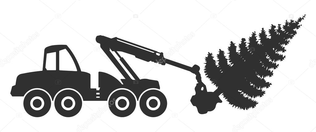 Log harvester icon symbol Shape. Timber logger machine logo sign. Woodworking industry. Forest harvesting Vector illustration image. Isolated on white background.