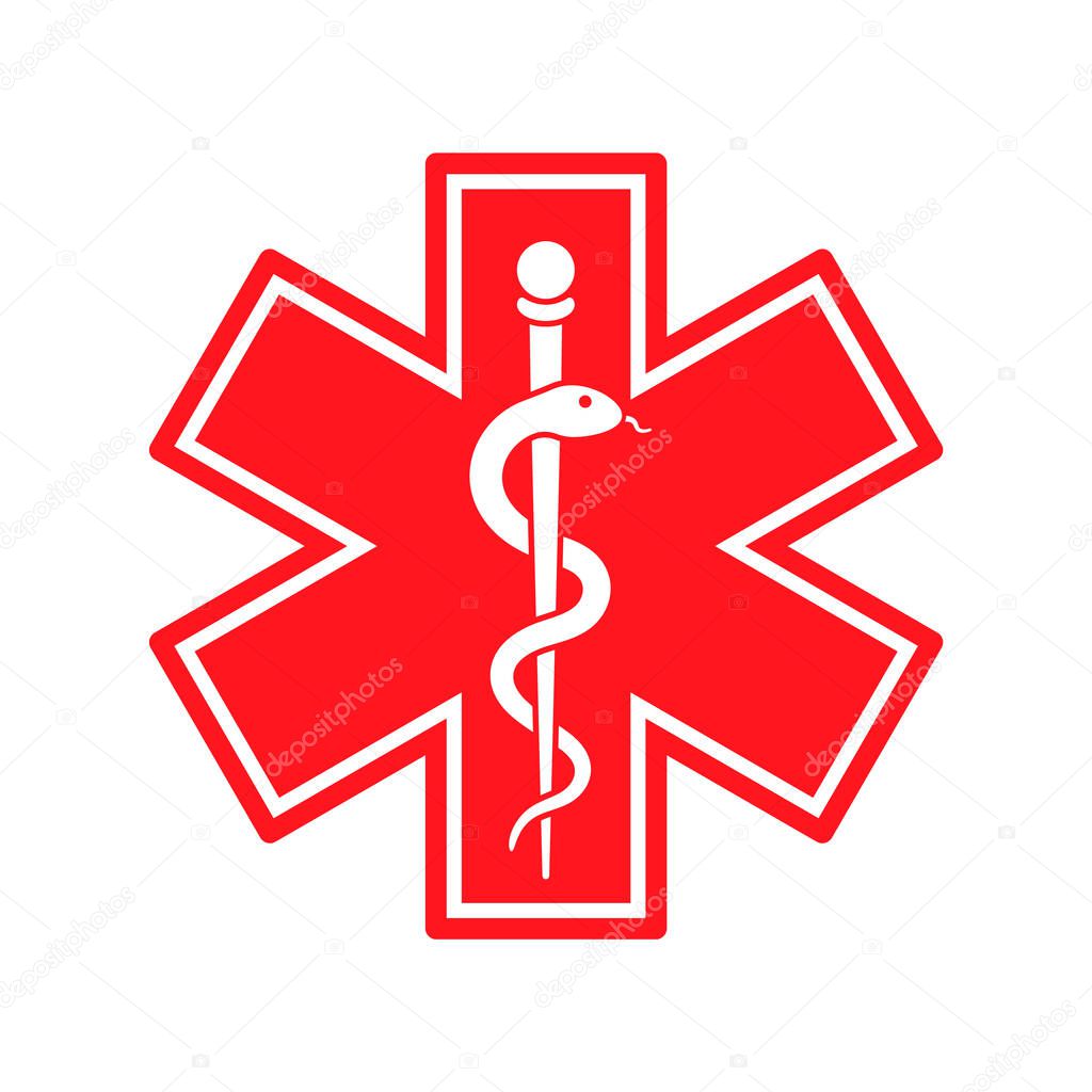 Symbol of the cross with the caduceus icon. Emt Paramedic, EMT Star of Life. ambulance first aid logo sign. Healthcare doctor pharmacy. Vector illustration image. Isolated on white background.