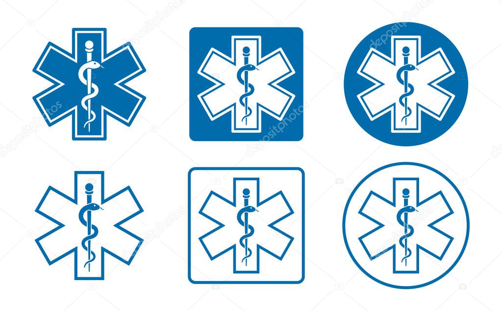 Symbol of the cross with the caduceus icon. Emt Paramedic, EMT Star of Life. ambulance first aid logo sign. Healthcare doctor pharmacy. Vector illustration image. Isolated on white background.
