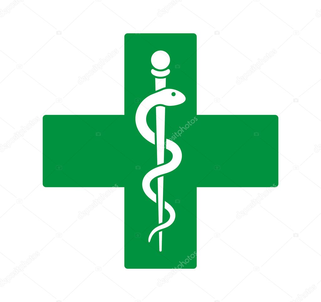 Symbol of the cross with the caduceus icon. Emt Paramedic, EMT Star of Life. ambulance first aid logo sign. Healthcare doctor pharmacy. Vector illustration image. Isolated on white background.