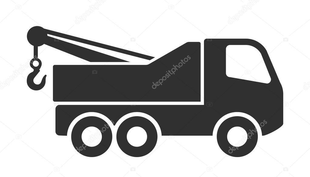 Recovery truck icon symbol shape. Breakdown cover logo sign. Recovery service. Road assistance auto service. Vector illustration image. Isolated on white background.