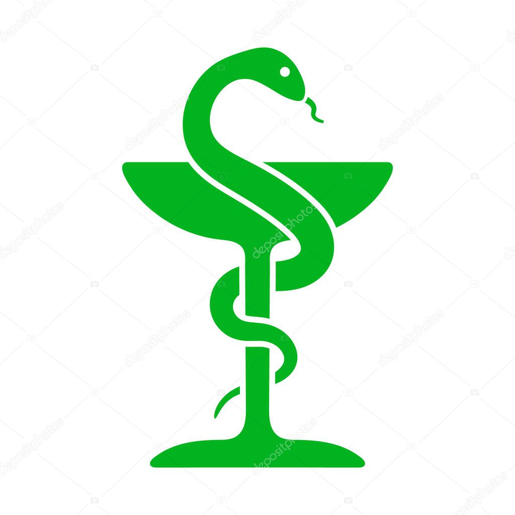 Medical logo design, pharmacy symbol with snake and chalice bowl. Healthcare doctor pharmacy. Vector illustration image. Isolated on white background.