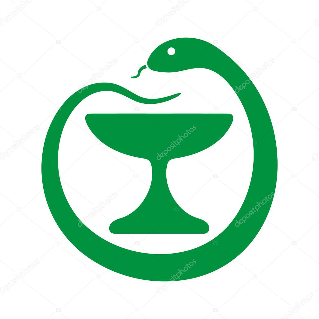 Medical logo design, pharmacy symbol with snake and chalice bowl. Healthcare doctor pharmacy. Vector illustration image. Isolated on white background.