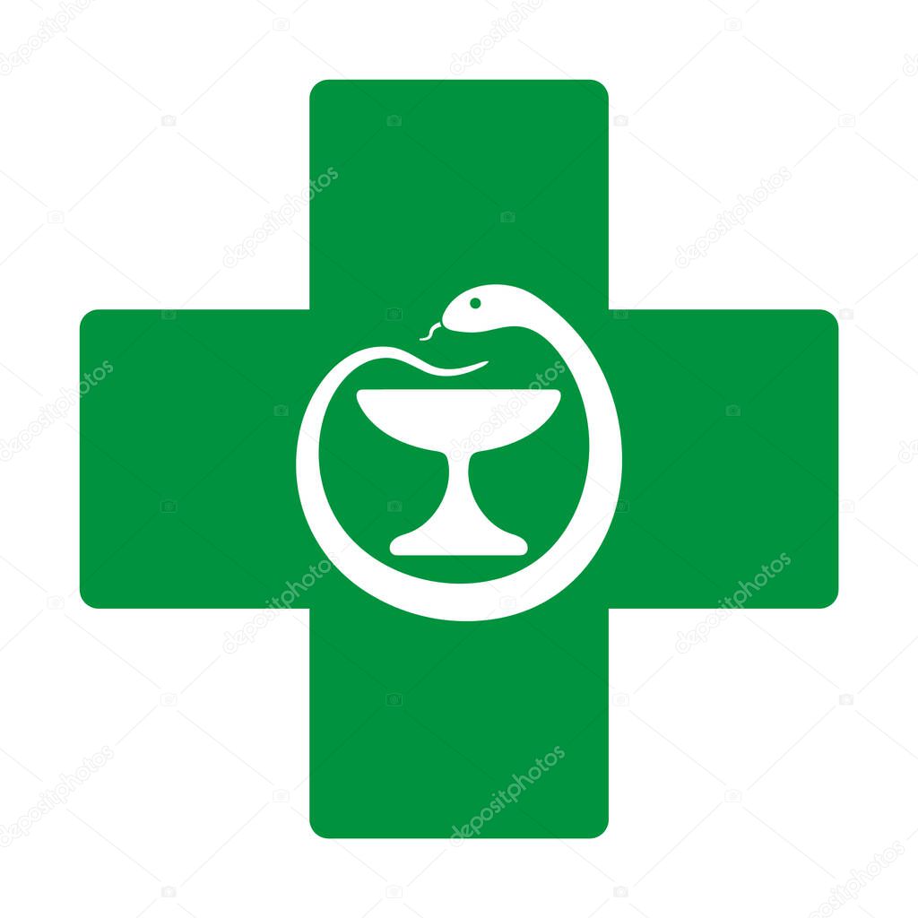 Medical logo design, pharmacy symbol with snake and chalice bowl. Healthcare doctor pharmacy. Vector illustration image. Isolated on white background.