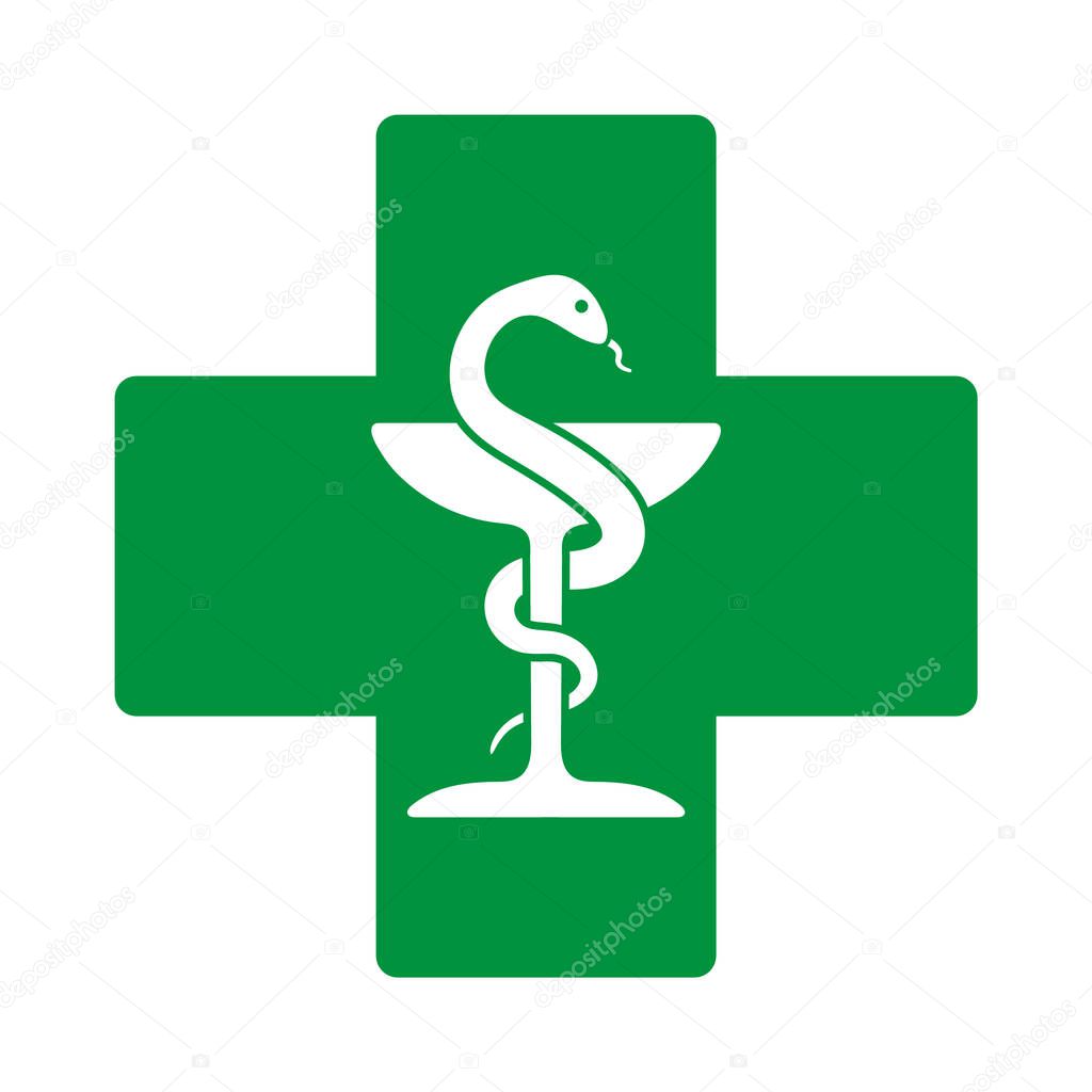 Medical logo design, pharmacy symbol with snake and chalice bowl. Healthcare doctor pharmacy. Vector illustration image. Isolated on white background.