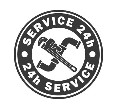 Tesisat servisi simgesi, boru anahtarı işareti, boru anahtarı logosu. 24 saat hizmet. Vektör illüstrasyon resmi. Beyaz arkaplanda izole.