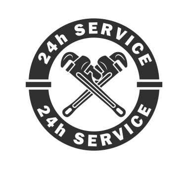 Tesisat servisi simgesi, boru anahtarı işareti, boru anahtarı logosu. 24 saat hizmet. Vektör illüstrasyon resmi. Beyaz arkaplanda izole.