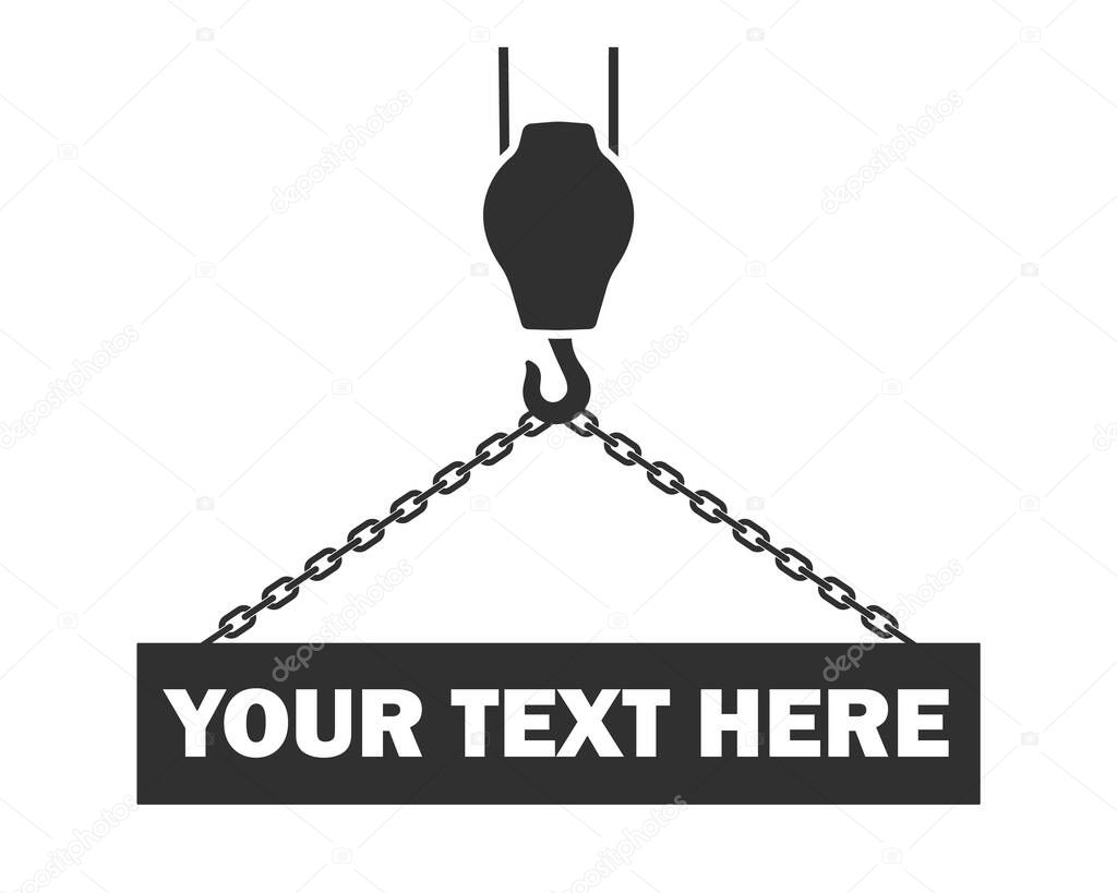 Industrial crane hook icon symbol shape. Lifting hook or hoist hook on chain logo sign. Vector illustration image. Isolated on white background.