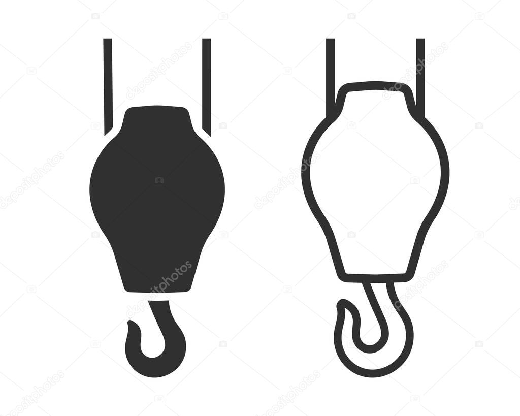 Industrial crane hook icon symbol shape. Lifting hook or hoist hook on chain logo sign. Vector illustration image. Isolated on white background.
