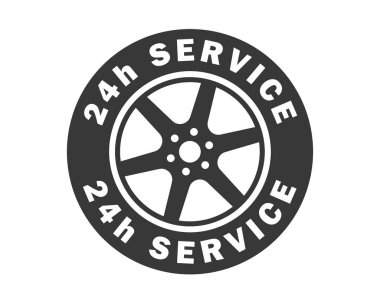 Araba lastiği servisi 24 7 simge sembolü. Araba tamirhanesi tekerleği logo tabelasını tamir ediyor. Vektör çizimi. Beyaz arkaplanda izole.