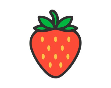 Düz çizgi film stili Çilek simgesi şekli. Yaz kırmızısı meyveli logo tabelası. Vektör çizimi. Beyaz arkaplanda izole.