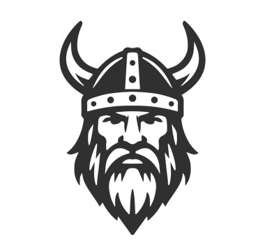 Kuzey Viking logosu. İskandinav savaşçısı simge şablonu. Boynuzlu barbar miğferi. Norseman Odin amblemi. Vektör çizimi. Beyaz arkaplanda izole.