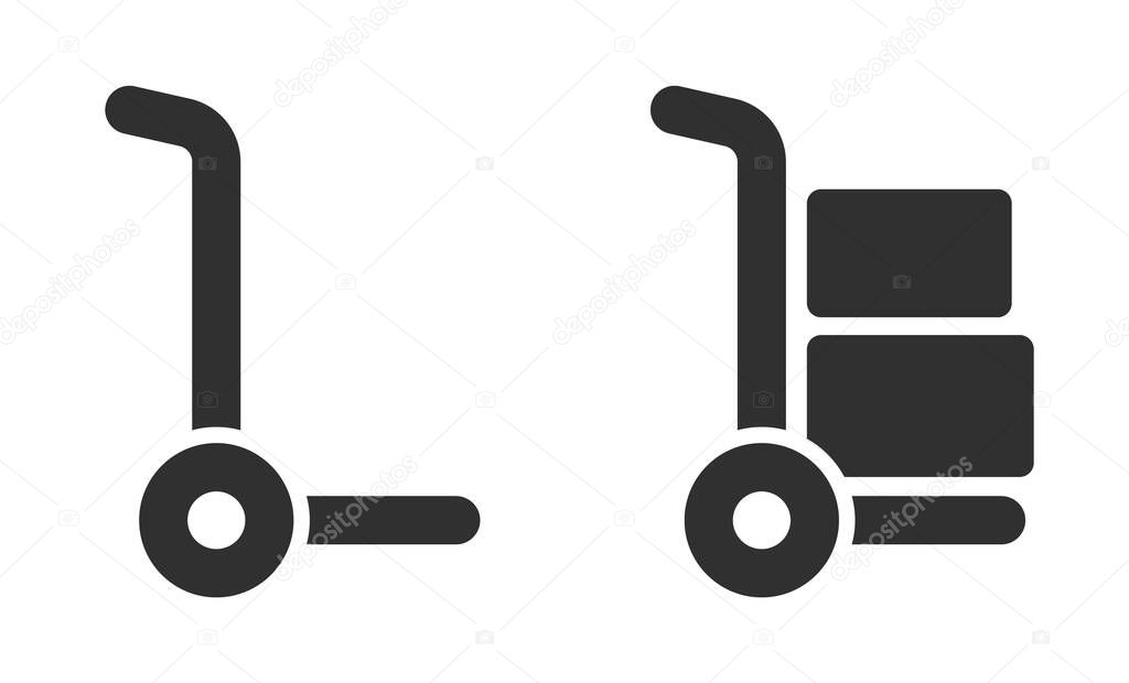 Hand truck with carton box icon symbol. Shipping delivery handling logo sign. Vector illustration image. Isolated on white background.