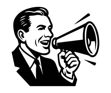 Eski 50 'lerin modası geçmiş bir adam megafon logosuna konuşuyor. Vintage Dikkat duyuru simgesi grafiği. Vektör çizimi. beyaz arkaplanda izole.