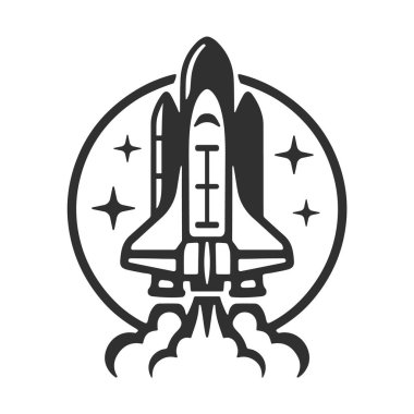 Uzay mekiği fırlatma simgesi. Havalan. Uzay teknolojisi sembolü. Roket gemisi. Kalkıyoruz. Vektör çizimi. Arkaplanda izole.