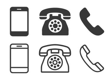 Telefon bağlantısı simgesi seti. Eski telefon logosu şekil koleksiyonu. 24 saat hizmet. Vektör çizimi. Beyaz arkaplanda izole.