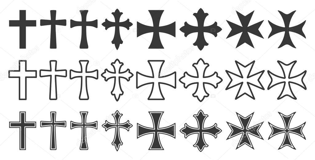 Christian cross symbol set. Religious cross icon collection. Set of cross icons for religion. Cross shape pack. Vector illustration image. Isolated on white background.