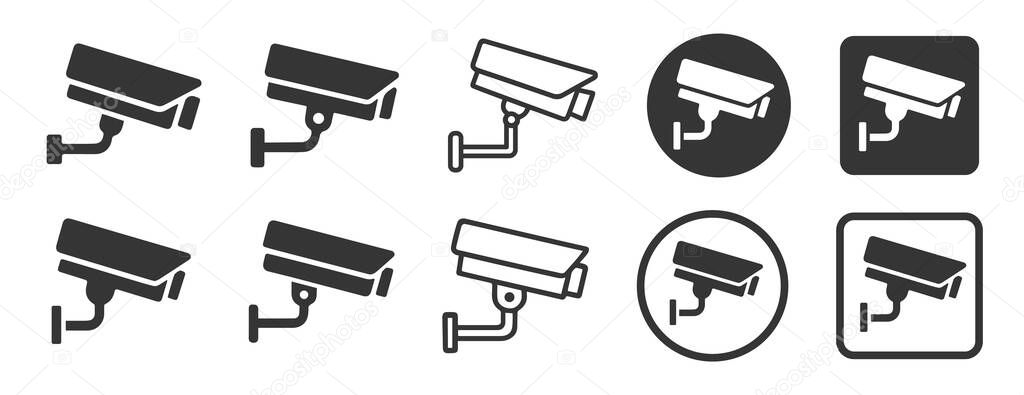 Security camera icons set. Security cameras in use symbol icon. Fixed CCTV camera logo sign shape. Vector illustration image. Isolated on white background.