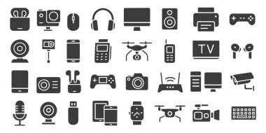 Aygıtlar düz stil seti. Elektronik cihaz ve web, mobil uygulama için aygıt simgeleri. Akıllı cihazlar, İHA, teknoloji, bilgisayar monitörü, akıllı telefon, tablet, laptop. Vektör çizimi. İzole edilmiş