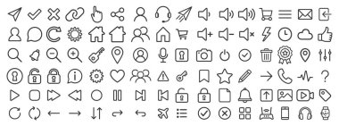 Temel kullanıcı arayüzü satır simgesi seti. Web simgesi, web sitesi, mobil uygulama ui ux simge koleksiyonu. Vektör çizimi. Beyaz arkaplanda izole.