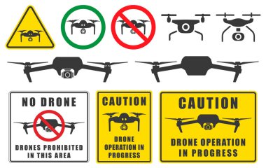 Uyarı İHA operasyonu devam ediyor. Quadcopter uçan ikon sembolü. Aksiyon kameralı bir FPV helikopteri. Fotoğraf ve video çekimi. Vektör resimleme. 