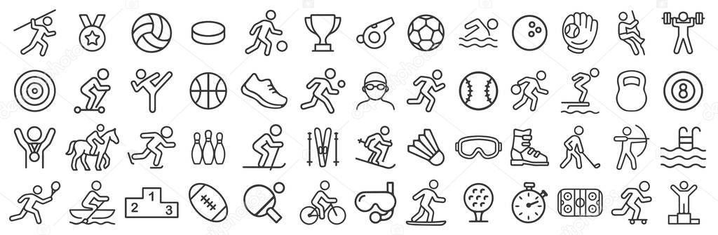 Sport line icon symbol set. Sports icons collection. Logo sign. Swimming, football, ski, winner, bowling, running, golf, tennis. Vector illustration image. Isolated on white background.