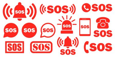 SOS simge düğmesi. Piktogram imzalı acil yardım logosu. Vektör çizimi. Beyaz arkaplanda izole.