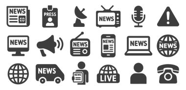 Haber raporu düz biçim simgesi seti. Gazetecilik gazetesi logosu koleksiyonu. Televizyon, radyo, bilgisayar, internet, canlı yayın. Vektör çizimi. Beyaz arkaplanda izole.