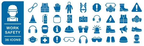 İş güvenliği ekipmanı simgeleri ayarlandı. Güvenlik sembolü koleksiyonu. Temel yapı ve sanayi işaretleri. Güvenlik ve sağlık ekipmanları. Vektör çizimi. Beyaz arka planda izole edilmiş.