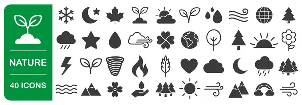 Doğa simgesi seti. Temiz ortam, hava tahmini ikon koleksiyonu. Güneş, dağ, ağaç, ekoloji, bitki, bulut, ateş. Vektör çizimi. Beyaz arkaplanda izole.