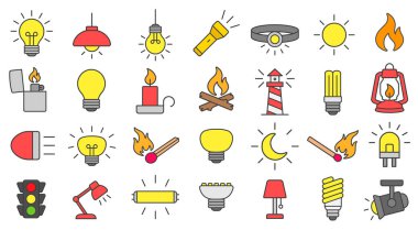 Açık renk simgesi seti. Ampul, lamba, el feneri, LED, fener, spot ışığı, kamp ateşi ve aydınlatma simgeleri. Vektör çizimi. Beyaz arkaplanda izole.