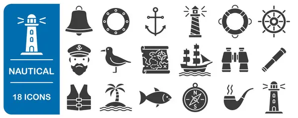 Denizci ve Denizci Simgesi. Deniz Maceraları ve Denizcilik Keşfi. Antik yelkenli gemi, Kaptan, Anchor, deniz feneri, dürbün, dümen, pusula. Vektör illüstrasyon simgeleri